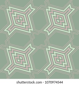 Geometric green seamless background with pink elements for wallpapers and textile