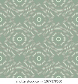 Geometric green seamless background with pink elements for wallpapers, textile and fabrics