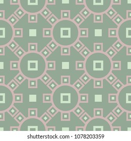 Geometric green seamless background with pink elements for wallpapers and textile
