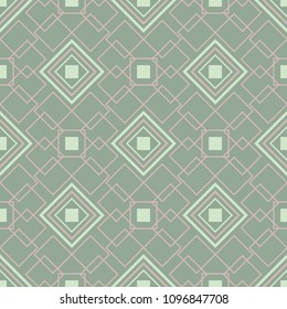Geometric green seamless background with pink elements for wallpapers, textile and fabrics