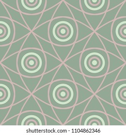 Geometric green seamless background with pink elements for wallpapers and textile