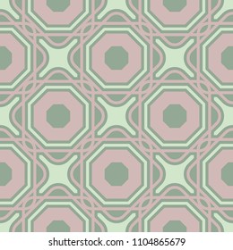 Geometric green seamless background with pink elements for wallpapers and textile