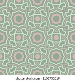 Geometric green seamless background with pink elements for wallpapers, textile and fabrics