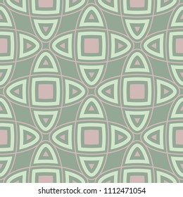 Geometric green seamless background with pink elements for wallpapers and textile