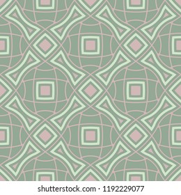 Geometric green seamless background with pink elements for wallpapers, textile and fabrics
