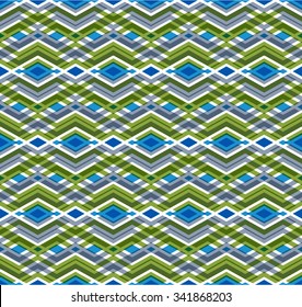 Geometric green seamless pattern with transparent impose rhombs, endless ethnic vector background. Never-ending colorful decorative composition.