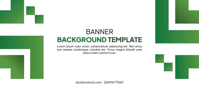Formas verdes geométricas emolduram um modelo de banner branco com texto centralizado, criando um design moderno e limpo com um ambiente brilhante e profissional.