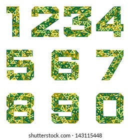 Geometric green summer alphabet set of triangles. Number pack. Vector illustration.