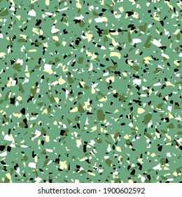 Geometric green terrazzo seamless pattern. Abstract colourful modern background. Stone fashion design for web and print. Venetian tile, flooring home decor. Chaotic pastel texture.