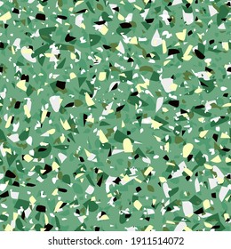 Patrón de terrazo verde geométrico sin fisuras. Resumen del colorido fondo moderno. Diseño de moda de piedra para web e impresión. Baldosas venecianas, suelo de decoración casera. Textura pastel caótica.