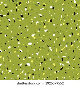 Geometric green terrazzo seamless pattern. Abstract colourful modern background. Stone fashion design for web and print. Venetian tile, flooring home decor. Chaotic pastel texture.