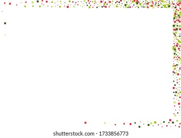 Geometric Green Top Wallpaper. Pixel Confetti Mosaic. Red Falling Square Background. Rhombus Side Frame.
