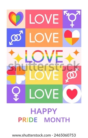 Geometric greeting card for Pride Month with colorful typography Love. Modern design with simple shapes. Icons with gender symbols, hearts. Bauhaus style. Template for poster, flyer, banner, cover