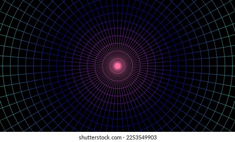 Geometrischer Gitterhintergrund mit neonfarbenem 80er-Jahre-Maschen. Synthwave- oder Retrowave-abstrakter Hintergrund mit Retro-Computergitter.
