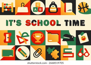 Geometric grid banner with colorful flat school icons with "IT'S SCHOOL TIME" text. Academic poster, greeting card template, abstract educational background for learning journeys and new school year