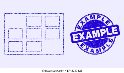 Geometric grid cells mosaic icon and Example seal stamp. Blue vector round textured seal stamp with Example title. Abstract mosaic of grid cells done of round, triangles, square geometric spots.