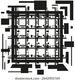 Geometric grid icon. Black square vector. Structured pixel shape. Digital block form.