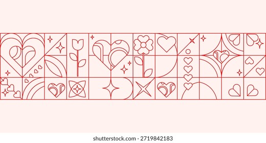 Padrão de grade geométrica de ícones da arte da linha corações, estrelas, flores, tulipas, brilhos, perfeito para projetos do Dia dos Namorados, embalagem romântica, cartões de saudação, papéis de parede digitais, branding. Vetor 