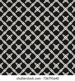 Geometric grid seamless pattern. Abstract diagonal square lattice texture, simple geometrical figures, star shapes, crosses. Black and white repeat background. Decorative design element. Stock vector