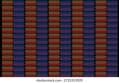 Geometric grid of security symbols featuring neon orange blue red and purple elements. Digital privacy concept background with repetitive tech design motif.