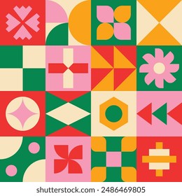 Geometric grid shapes collage artwork vector in bright fun colors vector