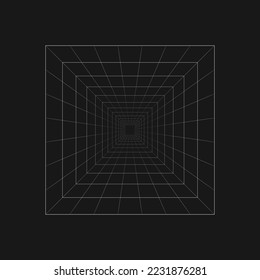 Geometric grid square tunnel on black background