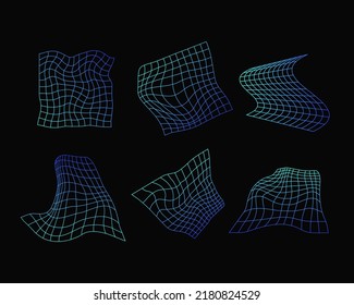 Geometric grids with neon gradient set. Lattice shapes with warp and distortion digital ornament for design and web vector presentation