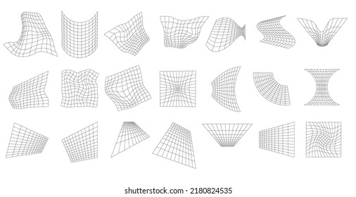 Geometric Grids On White Surface Set. Abstract Lattice Shapes With Warp And Distortion Digital Ornament For Design And Web Vector Presentation