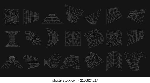 Geometric grids set. White lattice shapes with warp and distortion digital ornament for design and web vector presentation