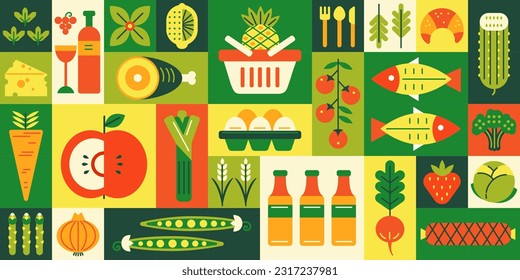 Geometric grocery store mosaic. Healthy food products, gourmet shop banner and supermarket promo vector grid tiles background illustration. Natural vegetables, fruit, meat and fish, beverages