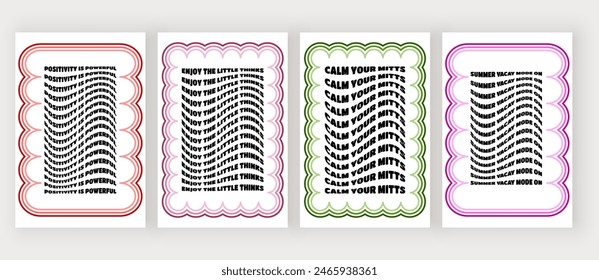 Geometric groovy frames with motivational wavy text and colorful lines. Vector design for cards, banners, invitations