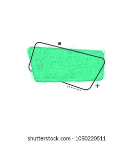 Geometric grunge badge with scratched green rectangular shape isolated on white background. Textured label - concept for promotion or advertise banner. Vector illustration.