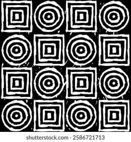 Geometric Grunge Black and White Seamless Pattern. Modern abstract hand drawn texture with round and square shapes. Minimal contemporary background with pencil or chalk drawing. Vector