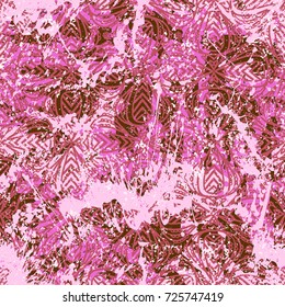 Geometric grunge pattern in bright colors on colorful hand painted pink background. Bold print with stripes and shapes on paint splatters and splashes. Vintage texture with ethnic and tribal motifs