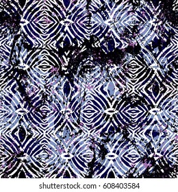 Geometric grunge pattern in lavender colors on colorful hand painted background. Bold print with stripes and shapes on paint splatters and splashes. Vintage texture with ethnic and tribal motifs