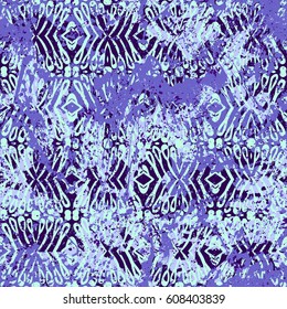 Geometric grunge pattern in violet colors on colorful hand painted background. Bold print with stripes and shapes on paint splatters and splashes. Vintage texture with ethnic and tribal motifs