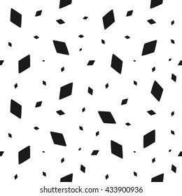 Geometric grunge seamless pattern of black rhomb confetti on white background, hand painted seamless background of black rhombus, vector design textile, wallpaper, web design, wrapping, fabric, paper