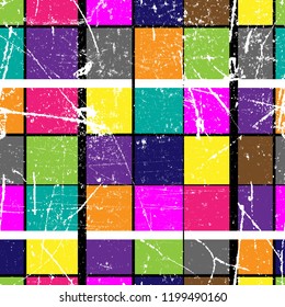 Geometric grunge seamless pattern with intersecting lines, grids, cells. Criss-cross background in traditional tile style. For printing on fabric, paper, wrapping, scrapbooking, banners.