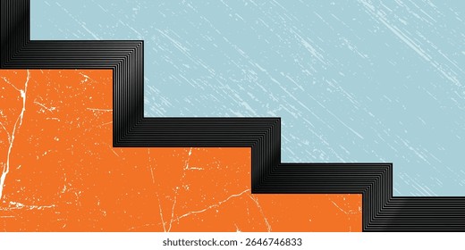 Geometric grunge staircase background. Abstract retro design with textured orange and blue blocks and layered black line corners. Vintage modern style.
