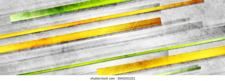 Geometric grunge technology background with green orange glossy stripes. Vector banner design