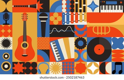 Geometric guitar, microphone and piano. Bauhaus pattern geometry background, banner abstract design. Vintage art music, party retro wave. Poster graphic template. Party Invitation. Vector illustration