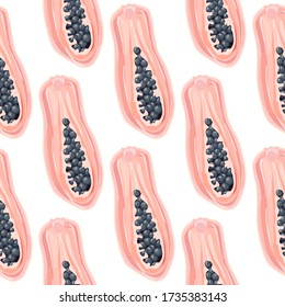 Geometric half papaya seamless pattern in cartoon style. Pawpaw endless wallpaper. Design for wrapping paper, textile print, surface fabric. Vector illustration