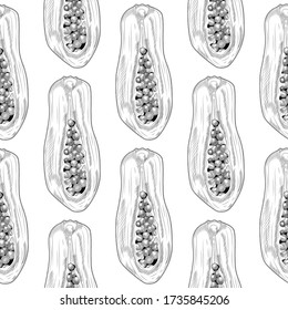 Geometric half papaya seamless pattern in hand drawn style. Pawpaw wallpaper. Engraving style. Design for wrapping paper, textile print, surface fabric. Vector illustration