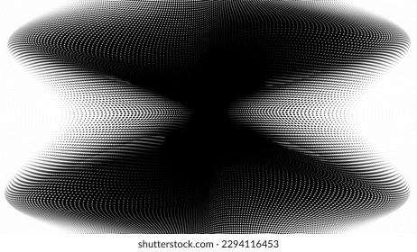 Ilusión geométrica de fondo de medio tono. Patrón de gradiente curvo o daño con puntos. Virus de pantalla rota. Ilustración vectorial.