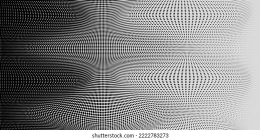 Geometric halftone background with illusion effect. Curved gradient pattern with black spots. Vector illustration.