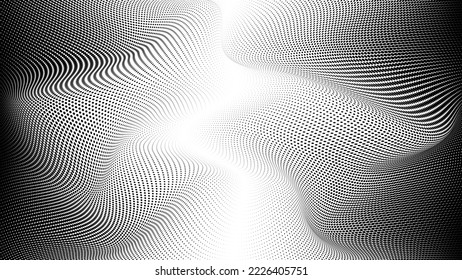 Geometric halftone background with illusion effect. Curved gradient pattern with black dots. Vector illustration.