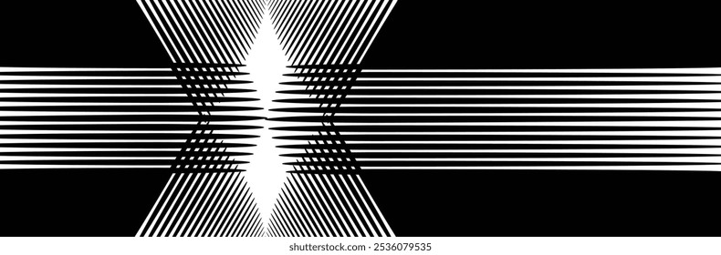 Geometric halftone line pattern with layered, Starburst effect, Symmetrical abstract geometric shaped and concentric line patterns in black and white.