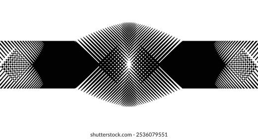 Geometric halftone line pattern with layered, Starburst effect, Symmetrical abstract geometric shaped and concentric line patterns in black and white.