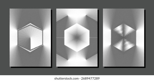 Tríptico punteado geométrico de semitono: patrón hexagonal óptico abstracto en Ilustración vectorial monocromática.