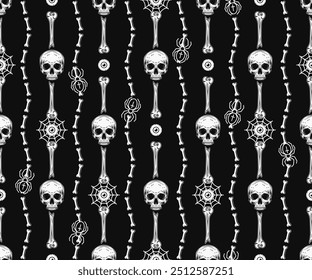 Geometric Halloween black and white pattern with vertical stripes with broken bones, half human skull on black background. Vintage style.